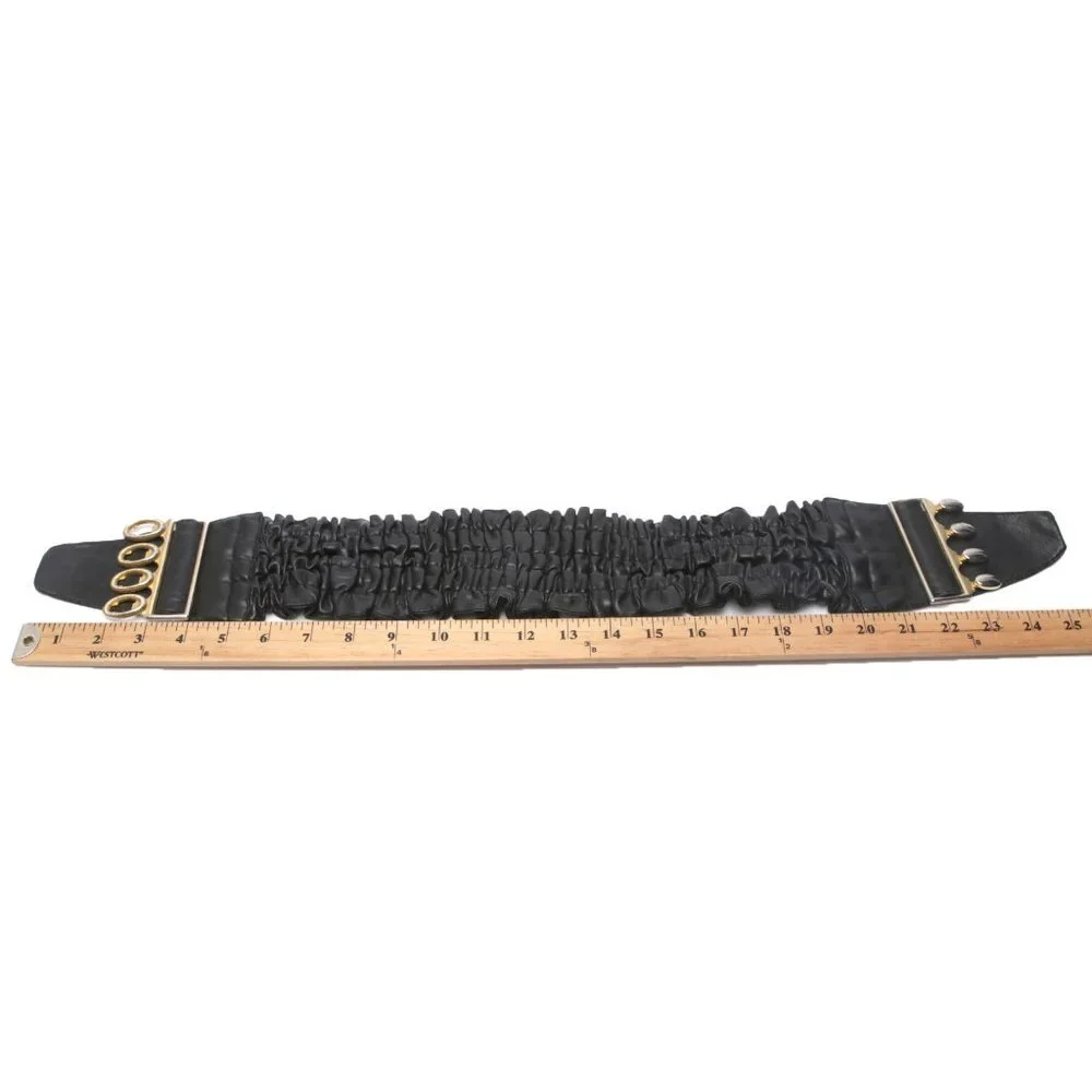 Vegan Faux Leather Wide Cinch Belt Ruffled Black Stretch Waist Band Gold Buckle - Picture 9 of 11